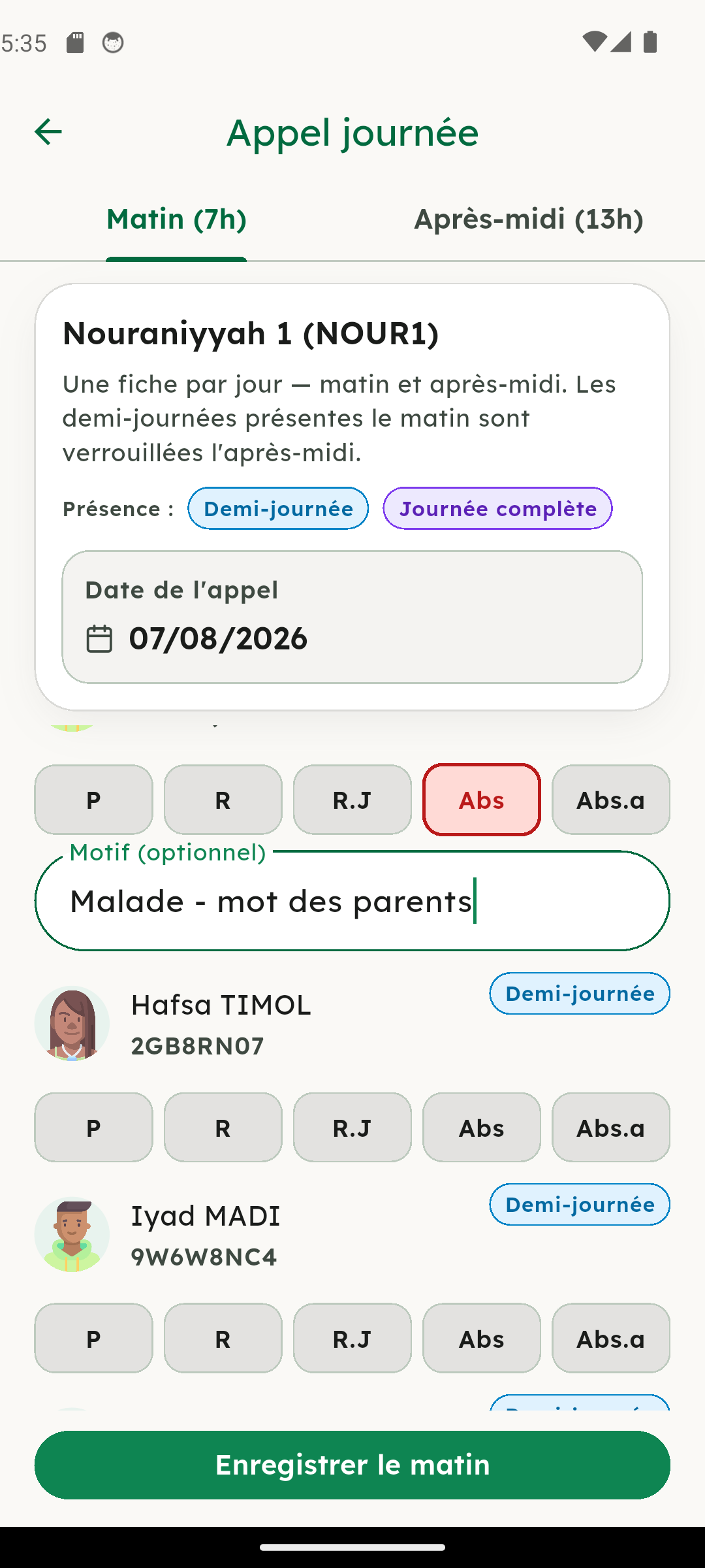 Feuille d'appel du matin