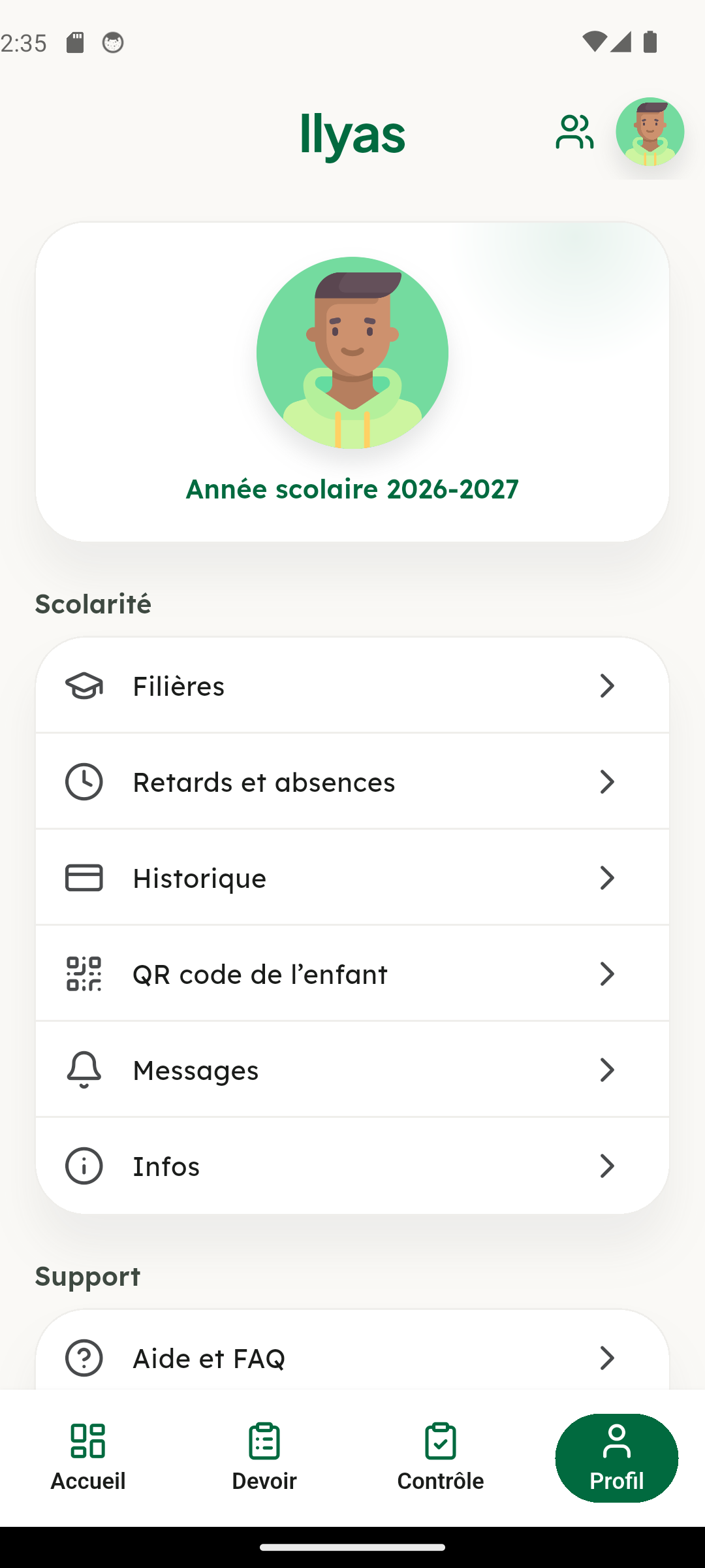 Menu du profil élève côté parents